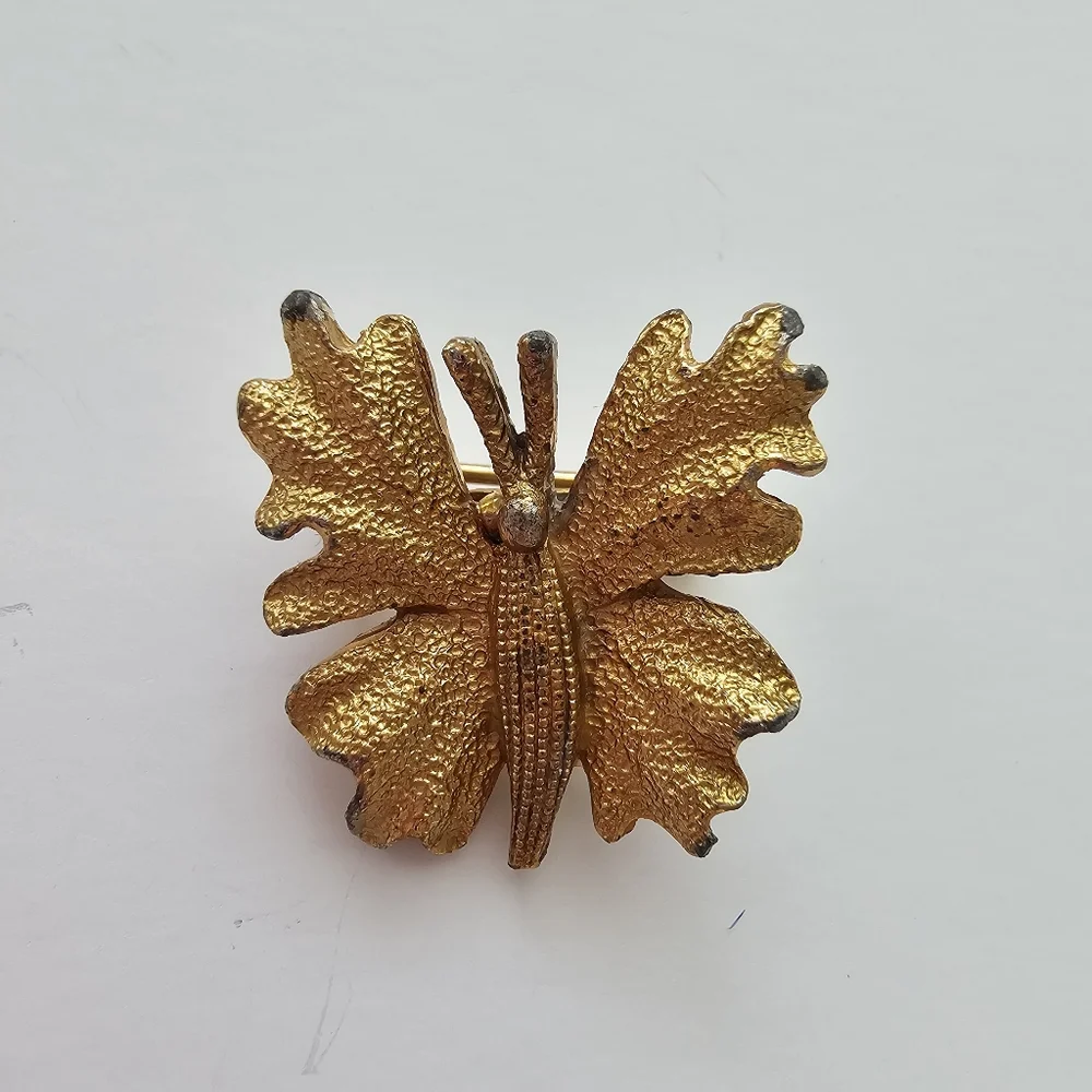 Vintage 1970s Brutalist Butterfly Brooch Textured Gold Tone Leaf Wing Pin